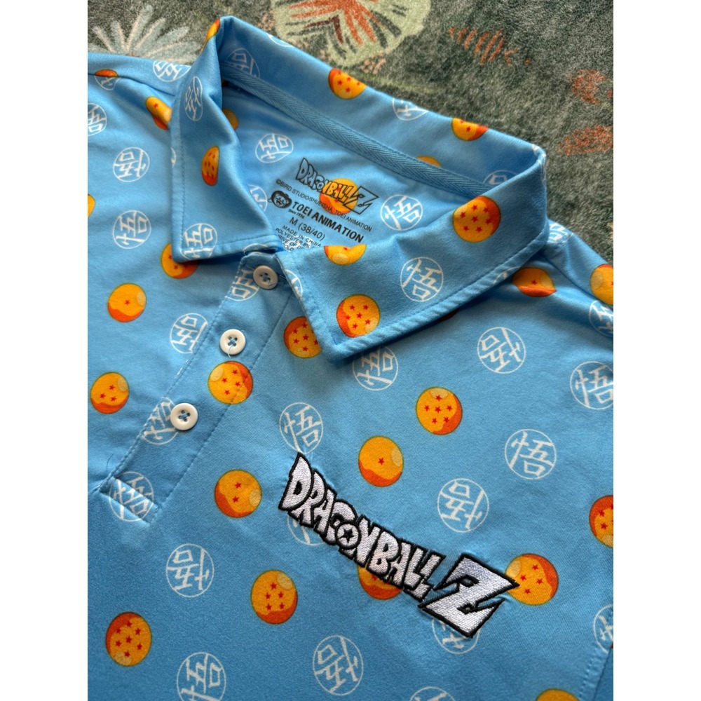 Dragon Ball Z Mens Blue All Over Print Polo Shirt Size Medium Goku Kanji Symbol